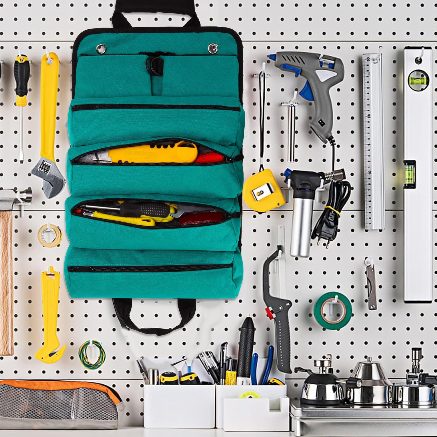 W WINTMING Tool Roll Bag, Tool Bag Organizer, Tool Carrier Roll UP Storage Pouches with 6 Zipper Pockets & Strap, Gifts for Men Mechanic Electrician Hobbyist (Cyan)