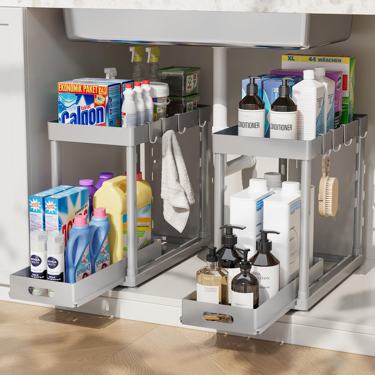 2PC Under Sink Organizer Rack 2 Tier Under Sliding Cabinet Basket Organizer Drawer with 4 Hooks, Multi-purpose Under Sink Storage for Bathroom Kitchen Desktop（Black）