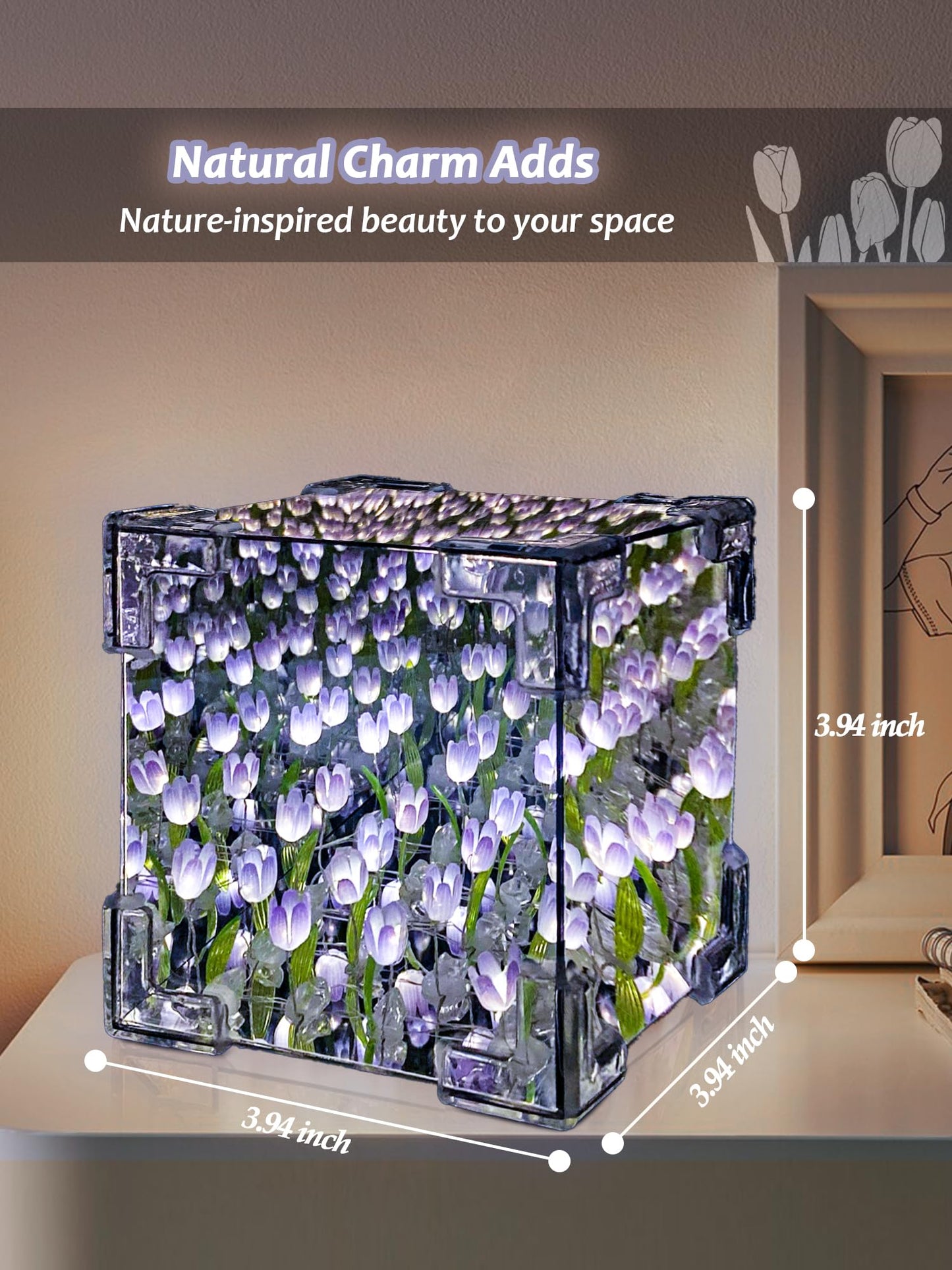 Tulip Night Light, LED Infinity Mirror Lamp Tulips DIY Finished Poduct Decorations Lights Artificial Flower Bedside Table Lamp Creative Birthday Gifts for Women Mom Grandma Wife (Purple Finished)