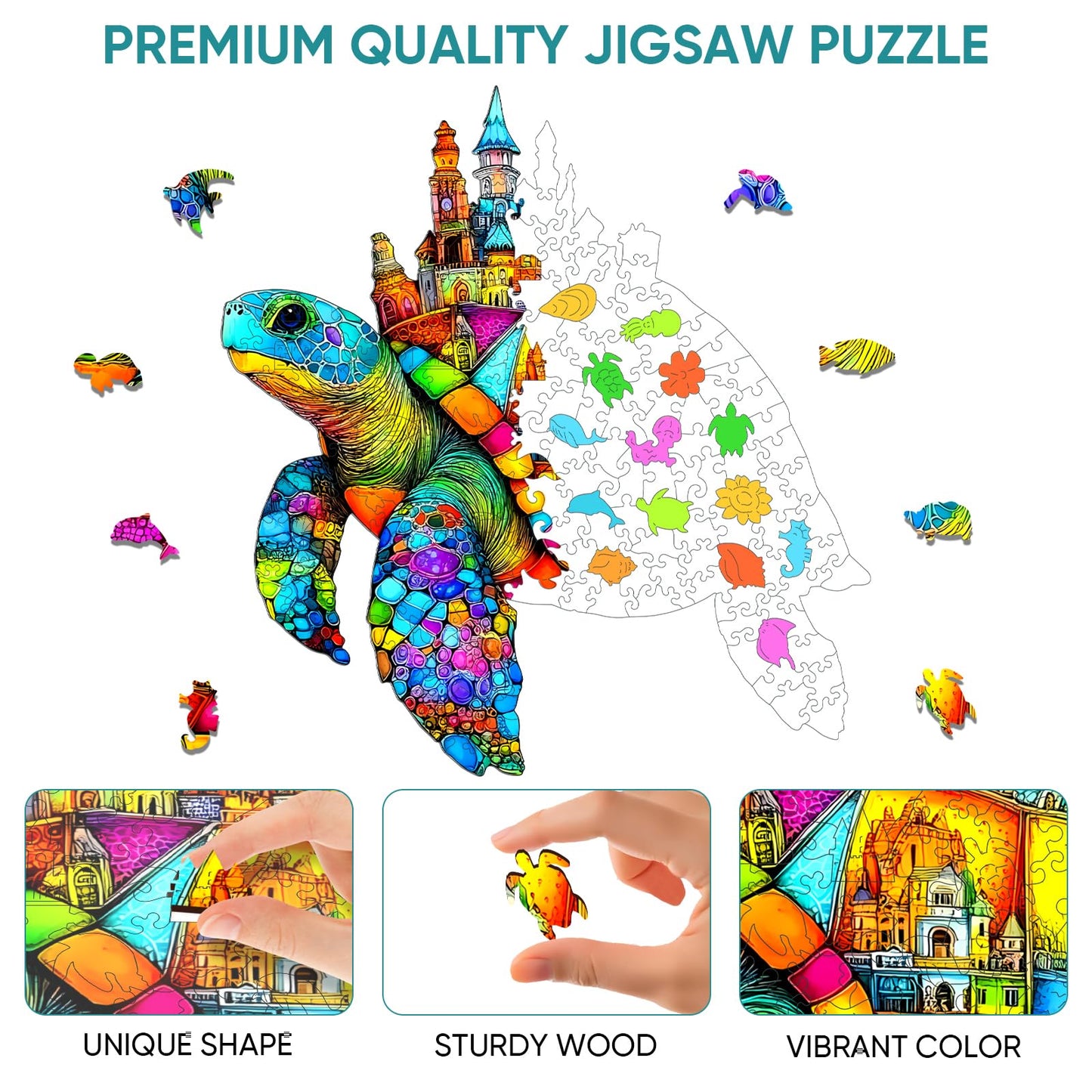 Mocfesk Sea Turtle Castle Wooden Puzzles, Ocean Jigsaw Wooden Puzzles for Adults and Kids, Small Puzzle for Seniors with Gift Box, Holiday Decor 11.4 x 10.7 in