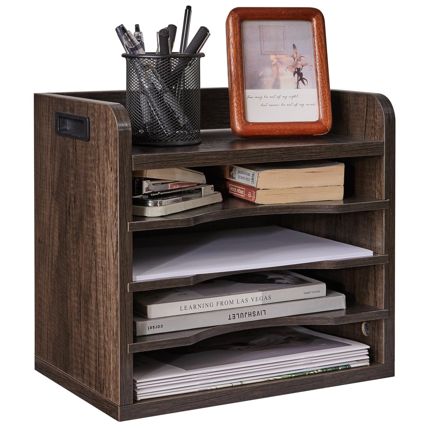 YMYNY Desktop File Organizer with Handle, Document Letter Mail Tray Sorter with 3 Adjustable Shelves, 5 Tiers Paper Holder for Home Office Desk, Black Gray,13.4 * 12.4 * 9.06" UHBC006G