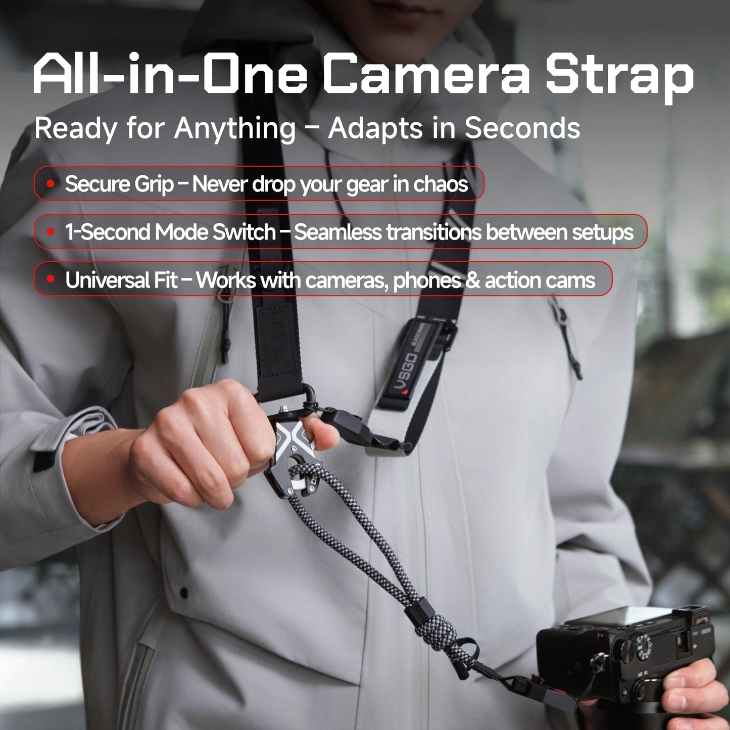VSGO Black Snipe Urban Camera Strap – Quick Release, Anti-Twist, Comfortable Nylon Sling, Fits DSLR, Mirrorless, Phone & Action Camera, Gray&Black