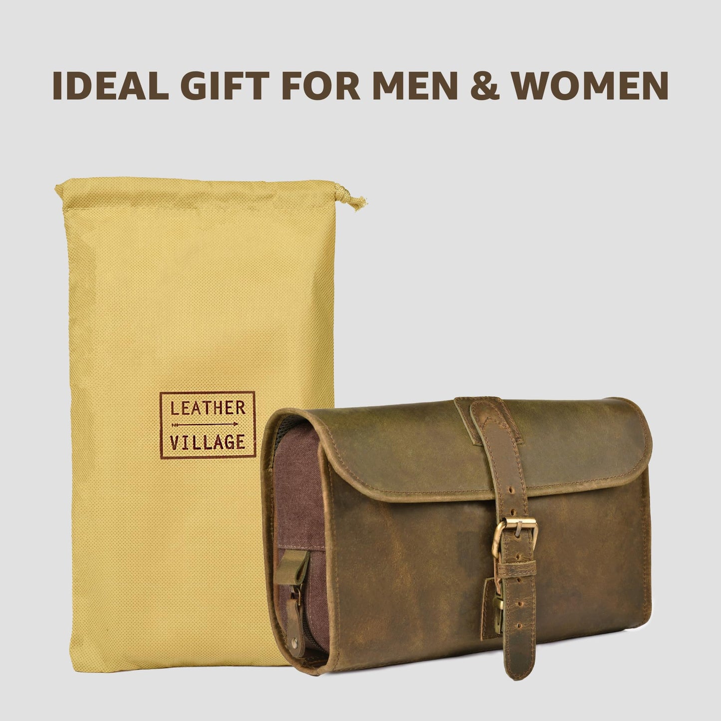 LEATHER VILLAGE Hanging Genuine Leather Toiletry Bag for Men – Handcrafted Vintage Travel Dopp Kit with Waterproof Lining, Shaving Organizer and Shower Bathroom Essentials Case - Mud