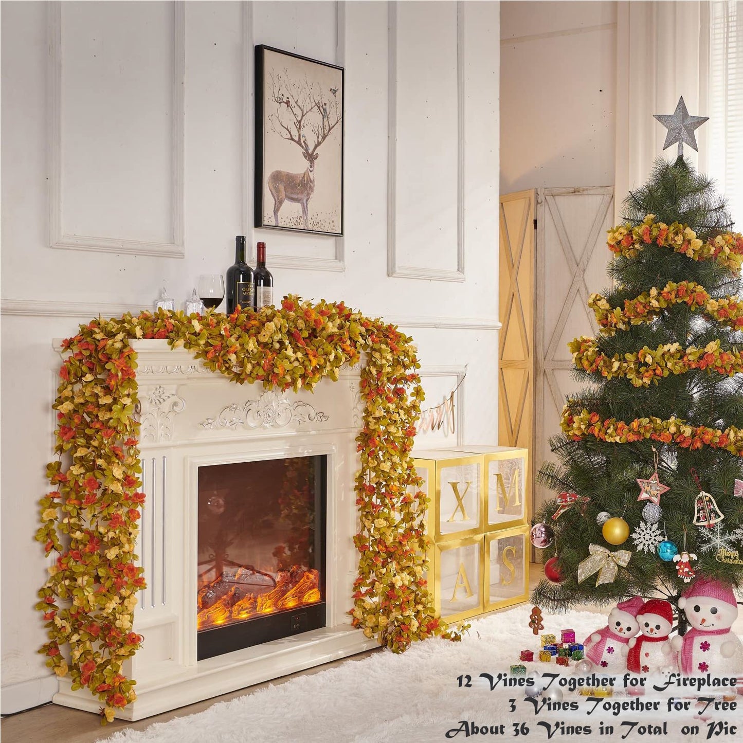 PONKING 8 Pcs x 8.2 ft Flower Garland Artificial Rose Vine Flowers with Green Leaves Hanging Fake Roses Vine for Room Party Home Wedding Birthday Christmas Wall Arch Decor, Fall Champagne Flower