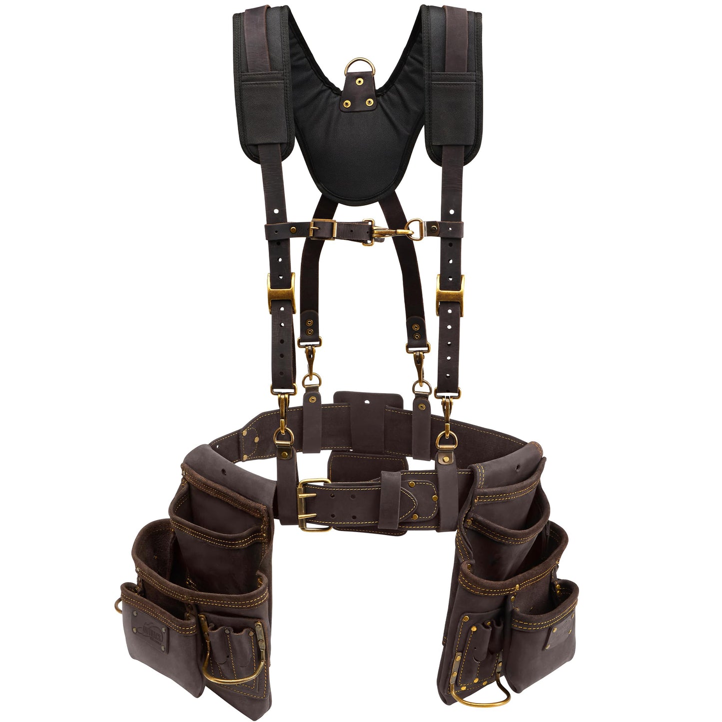 OX Pro Oil Tanned Leather Tool Belt with Padded Suspenders Leather Carpenter Tool Belt with Suspenders and Pouches Dual Hammer Holsters for Men - Morrales Para Carpintero