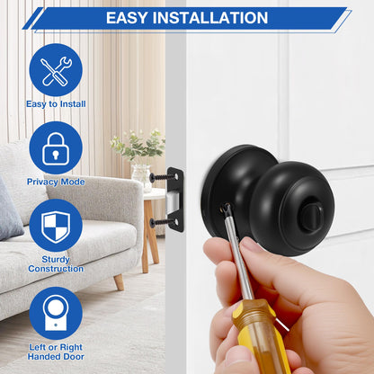 Plustool 8 Pack Matte Black Door Knobs, Privacy Door Knob with Lock, Interior Doorknobs with Round Ball, Keyless Door Lockset for Bedrooms Bathrooms