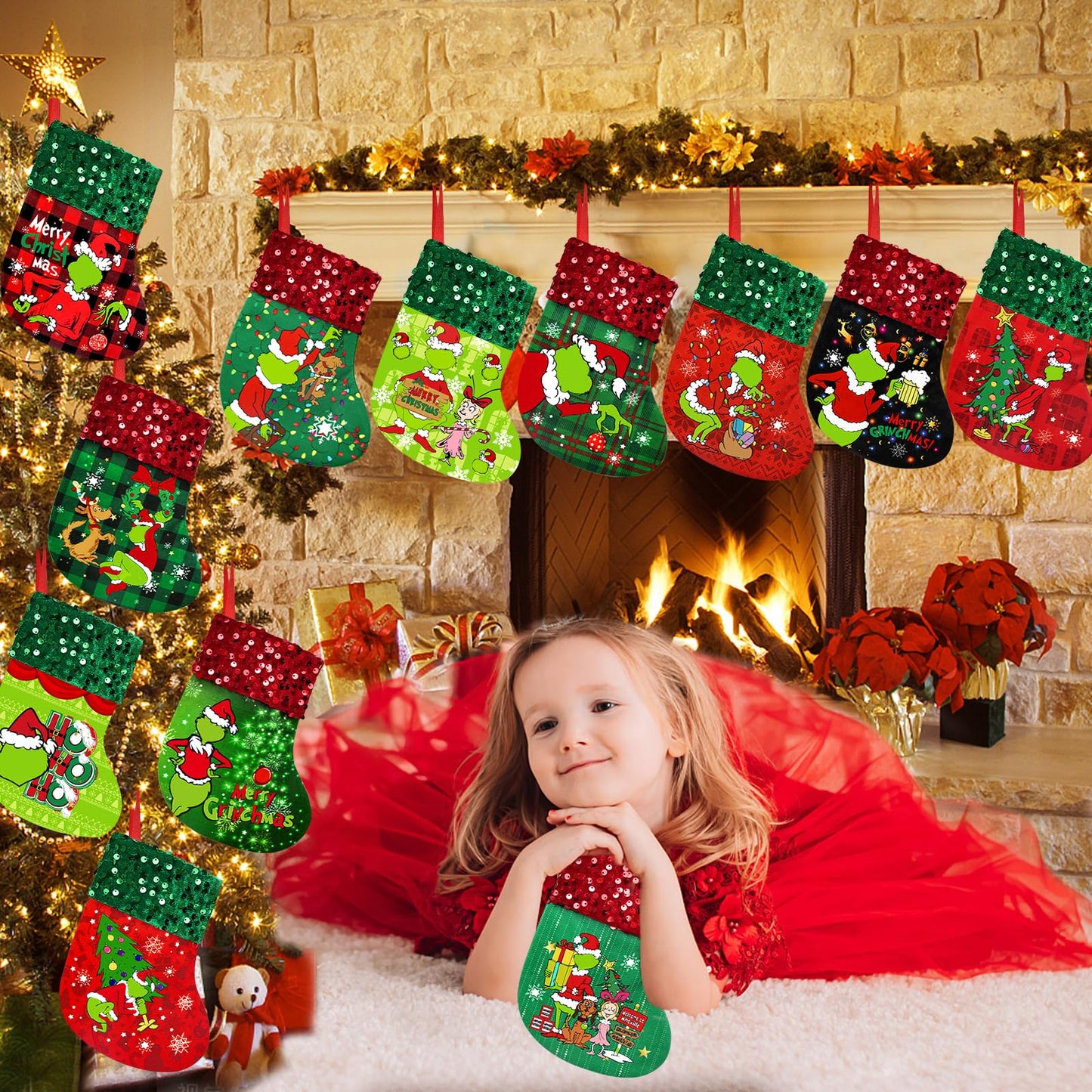TeePolly 12 Pack Small Christmas Stockings, 7 Inch Mini Funny Xmas Stocking, Christmas Hanging Stockings for Kids Holiday Fireplace Xmas Tree Hanging Ornaments Decor