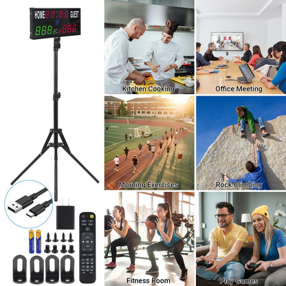 Samshow 2025 LED Electronic Scoreboard Digital Score Keeper with Remote & Tripod, Basketball Scoreboard with Shot Clock & Timer & 12/24h Real Time for Outdoor Yard Games/Corn Hole/ping Pong/Pickleball