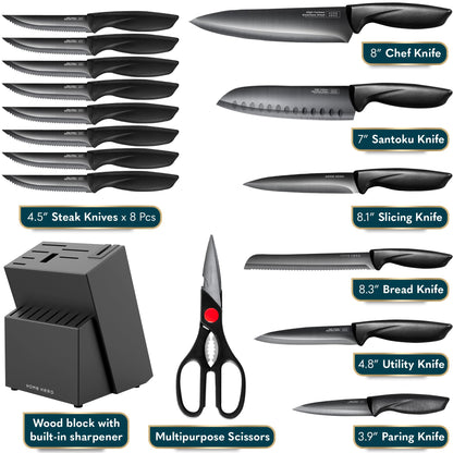 Home Hero Kitchen Knife Set with Sharpener - High Carbon Stainless Steel Knife Block Set with Ergonomic Handles (20 Pcs - Acrylic Black)