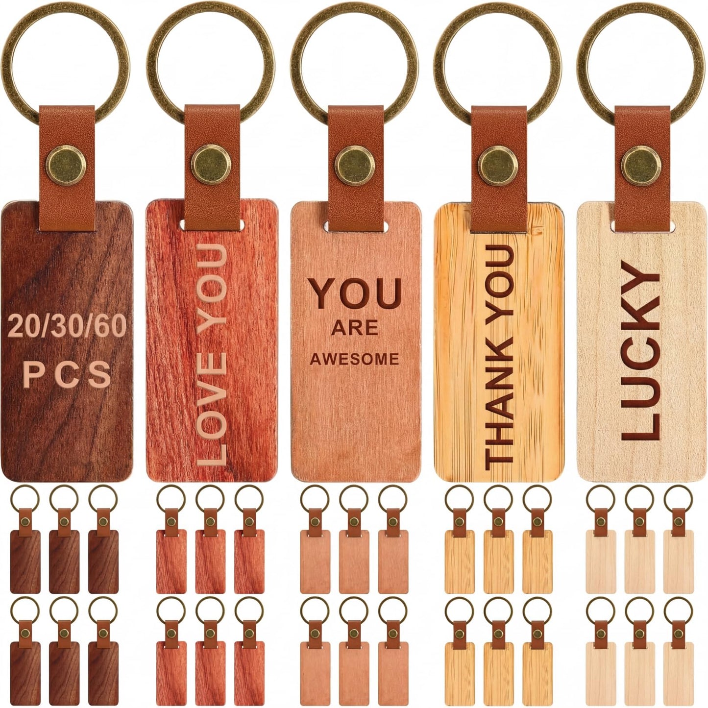 Batiyeer 30 Pcs Wooden Keychain Blanks 5 Colors Rectangle Wood Key Chain with Leather Strap Unfinished Gifts for Father