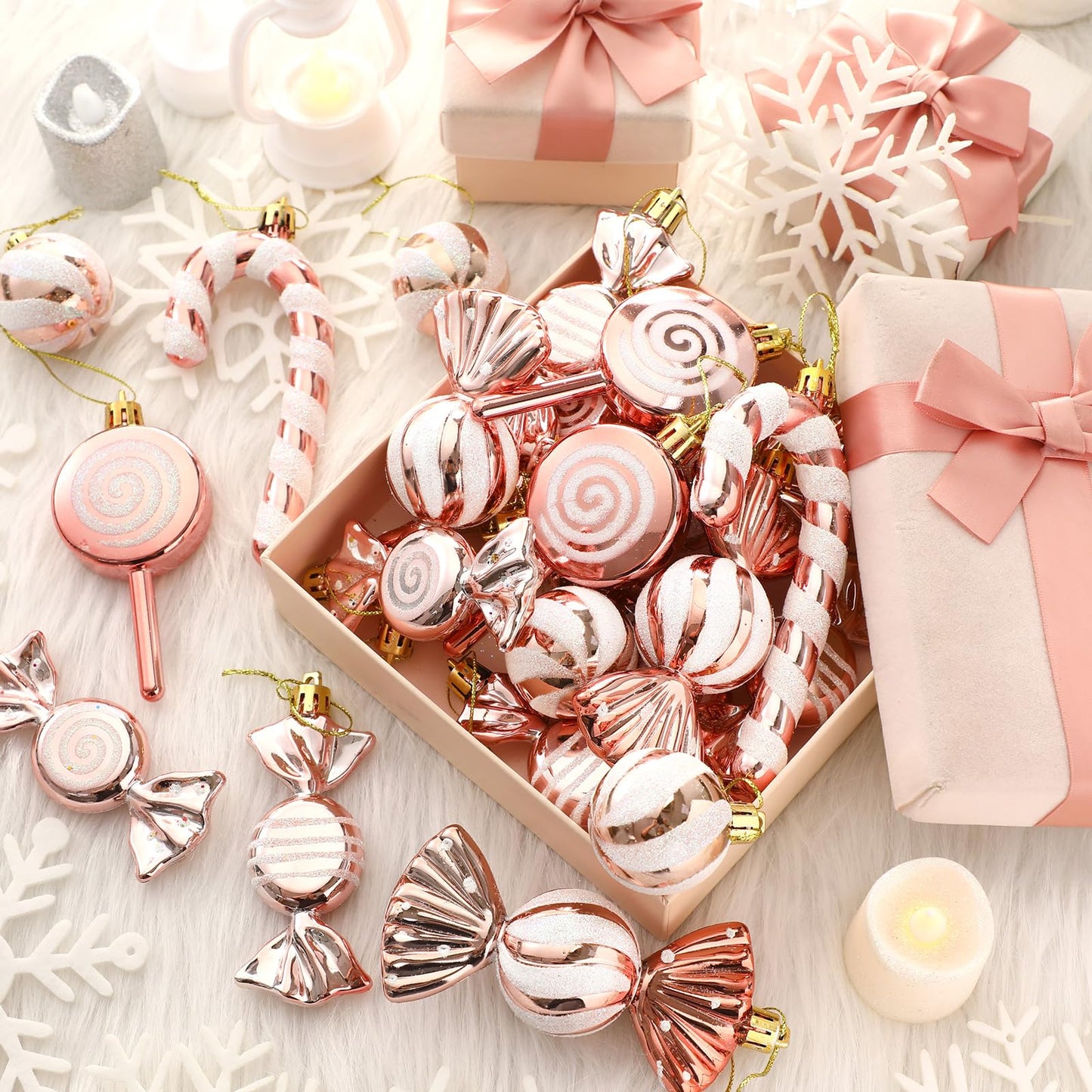 Liliful 30 Pcs Christmas Candy Cane Lollipop Ornaments Set Plastic Holiday Peppermint Candy Home Hanging Ornament Lollipop with Rope for Xmas New Year Party Decor(Rose Gold White)