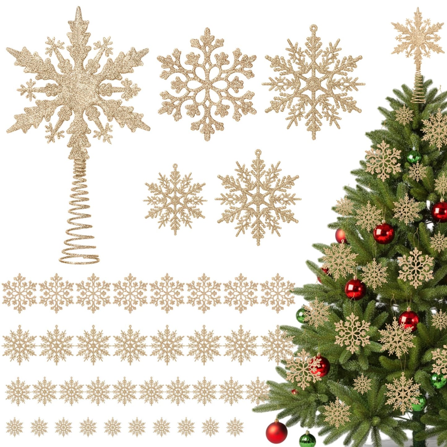 Teenyyou 36 Pcs Snowflake Christmas Tree Decoration 1 Pcs Glitter Star Tree Topper Snowflake Hanging Ornaments for Craft Christmas Trees DIY Indoor Ceiling Winter Party Decoration(Champagne)