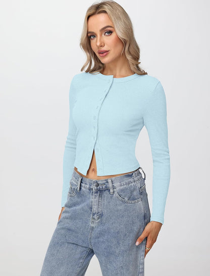 Womens Long Sleeve Tops Fall Lightweight Cardigan Cropped Going Out Shirts Ribbed Button Down Cute Trendy 2025