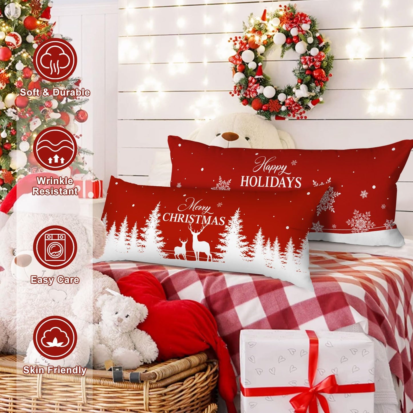 Lanpn Christmas Lumbar Pillowcase 14x36 Set of 2, Red Christmas Tree Snowflake Pillow Cases 14 x 36 Long Big Rectangle Lumbar Bed Pillow Covers Winter Holiday Xmas Throw Pillow Cushion Cover 2 Pack