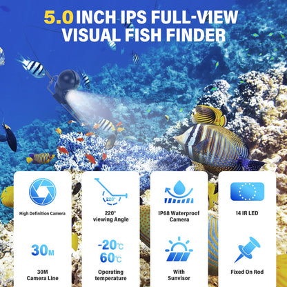 5inch Portable Fish Finder Camera Underwater Fishing Camera, 220° Wide Angle Infrared Night Vision, Host IP65 Waterproof Ice Fishing Camera for Ice, Lake and Boat (B)