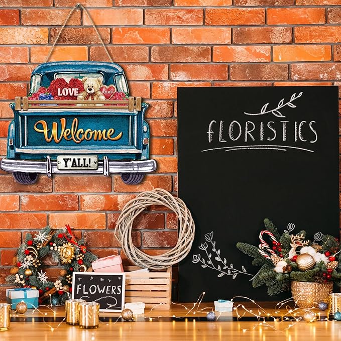Ferraycle Interchangeable Welcome Sign for Front Door Farmhouse Truck Decor Rustic Hanging Sign with 12 Interchangeable Seasonal Holiday Decor for Fall Thanksgiving Halloween Christmas(Cute Color)