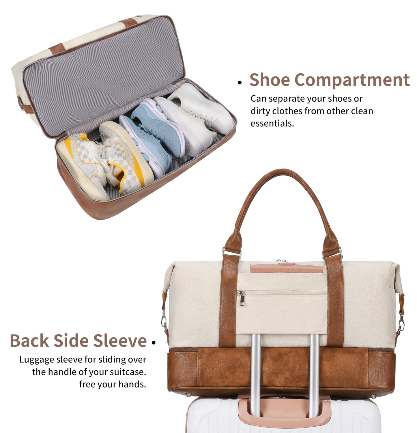 Oeihuivt Weekender Bags for Women - 21 Inch Large Travel Duffel Bag 3-Piece Set with Shoe Compartment, Heavy-Duty Canvas & Leather Carry On Overnight Tote (Airplane Approved)