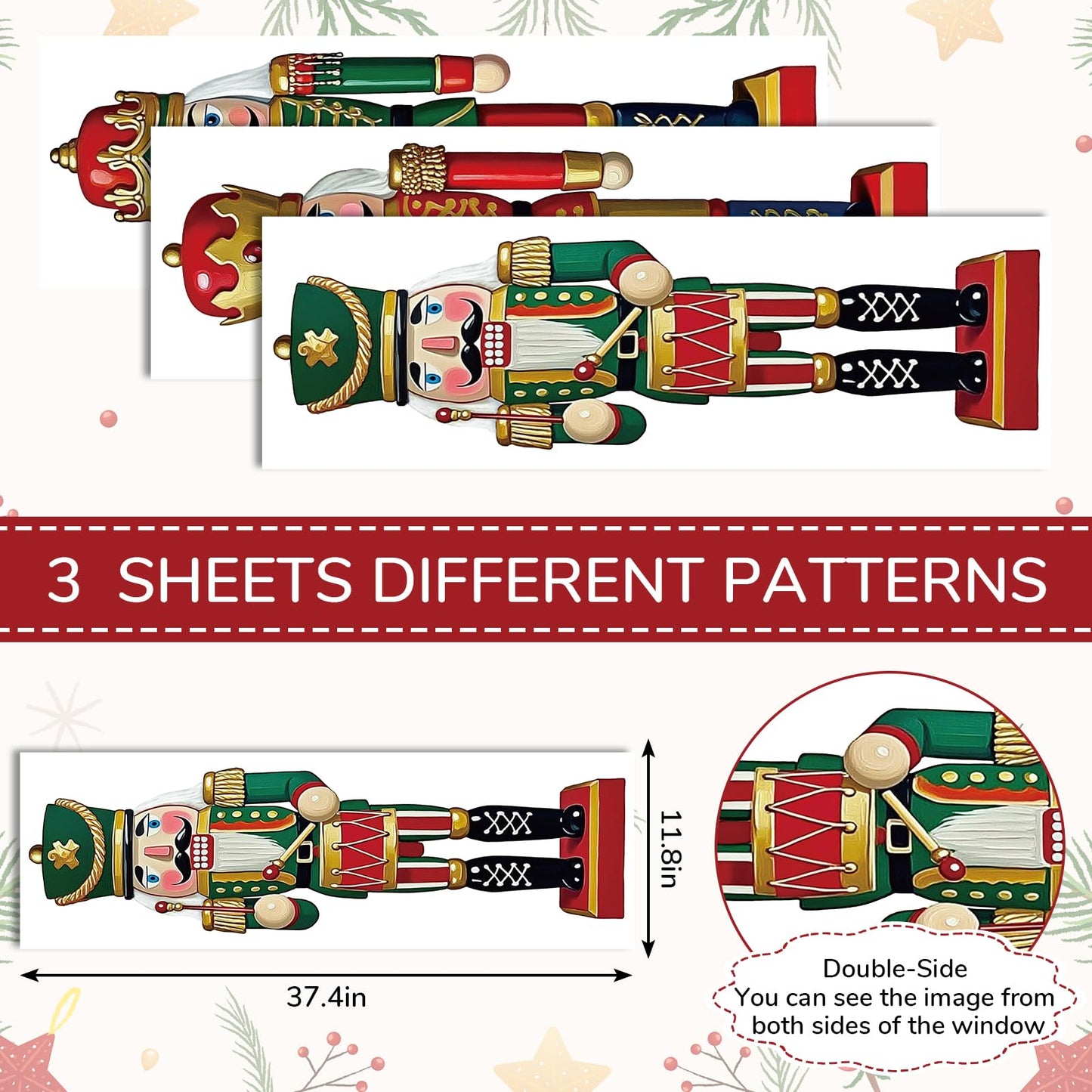 JarThenaAMCS 3 Sheets Christmas Window Clings Xmas Nutcracker Soldiers Extra Large Reusable Window Decals for Winter Holiday Home School Office Glass Decor