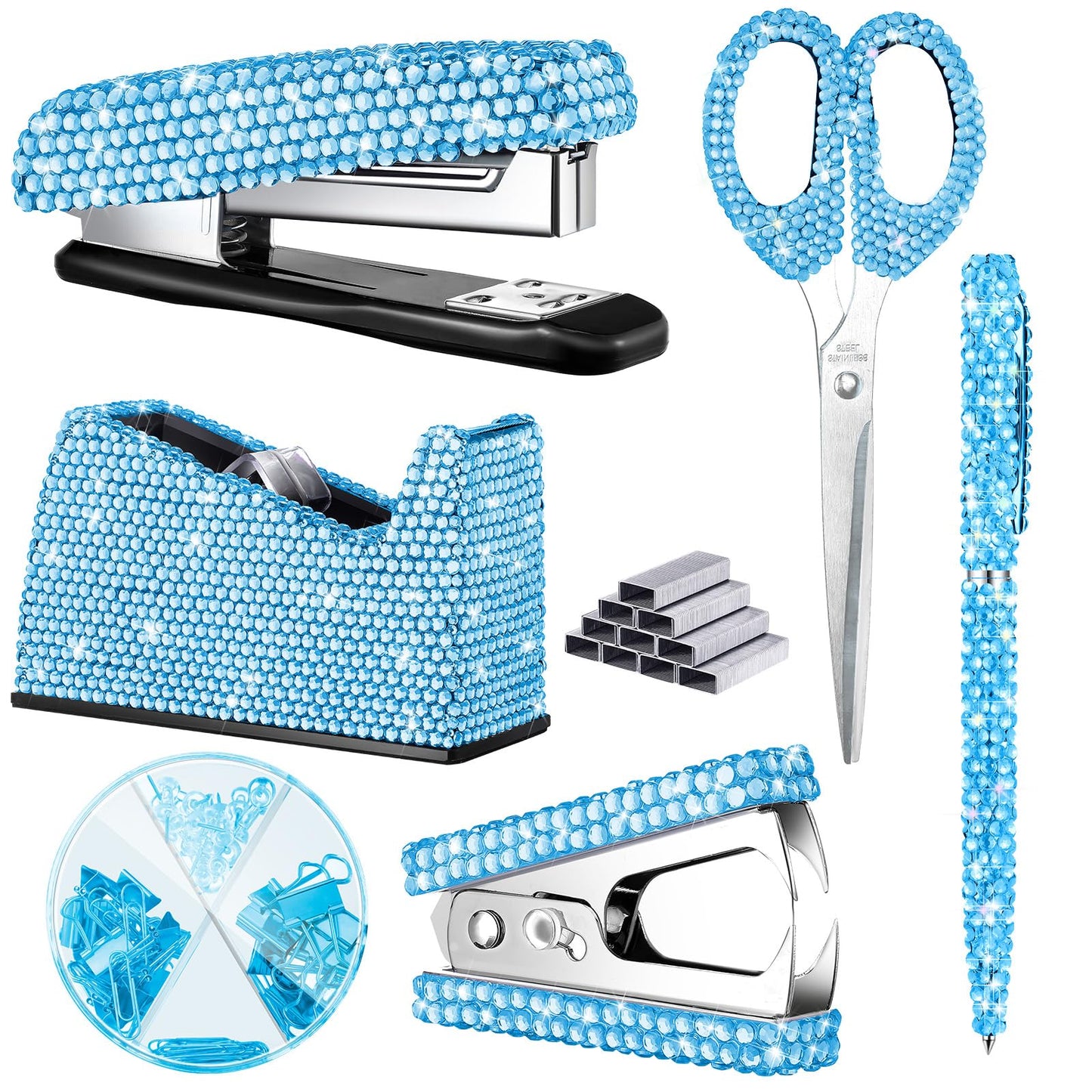 Demissle 6 Pcs Bling Office Desk Accessories Set Crystal School Stationery Kit Scissor Stapler with Staple, Tape Dispenser, Diamond Pen, Staple Remover, Binder Clip, Paper Clip, Push Pins(Blue)