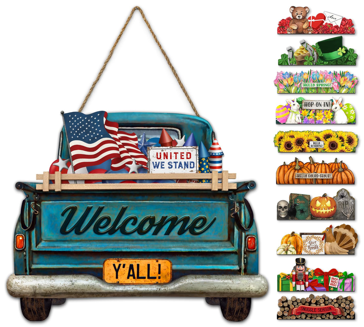 Interchangeable Welcome Sign for Front Door Blue Farmhouse Truck Decor Hanging Sign with 11 Interchangeable Seasonal and Holiday Decor Signs 12x14 in. (Blue Farmhouse Truck)