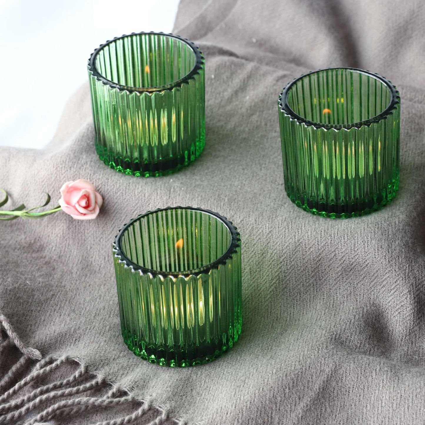 VOHO Large Votive Candle Holders 2.75'' x 2.56'' Set of 6, Ribbed Candle Holder for Votive/Tea Lights Candles, Green Votive Holder for Halloween/Christmas Holiday
