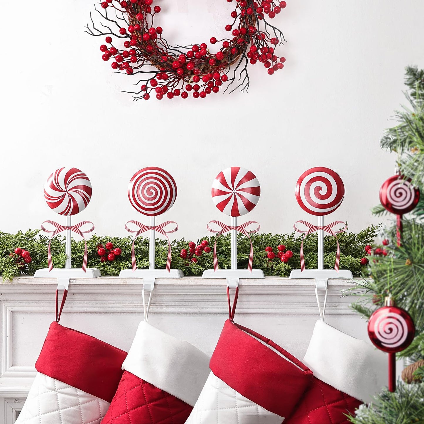 Pawliss Christmas Stocking Holders for Mantle: Red White Peppermint Candy Stocking Holder Stand Set of 4, Metal Stocking Hangers Decorative Hooks for Xmas Home Decor, Fireplace Window Accessories