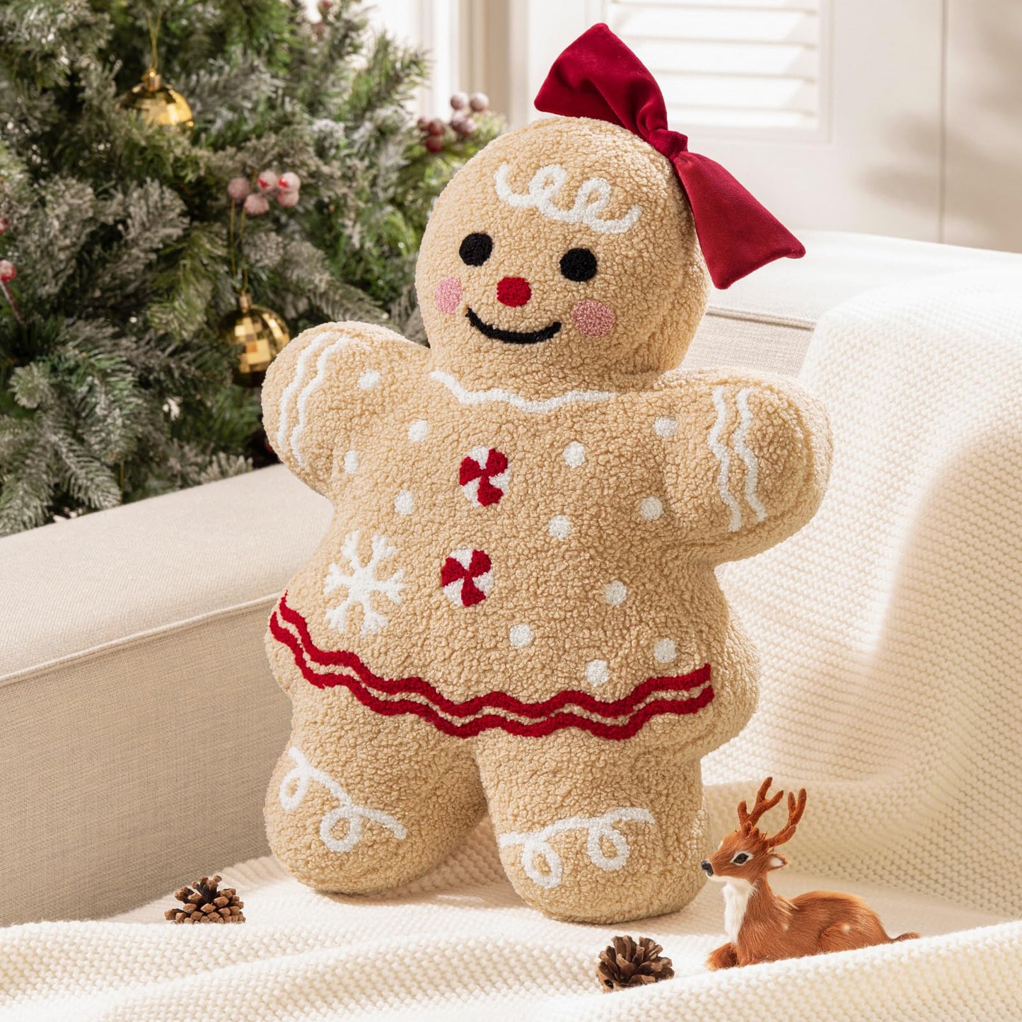 Phantoscope Gingerbread Series Merry Christmas Throw Pillow, Plush Teddy Sherpa Xmas Gingerbread Girl Shaped Christmas Decorative Pillow with Bow for Couch Living, Bedroom, Beige, 13x18 inches