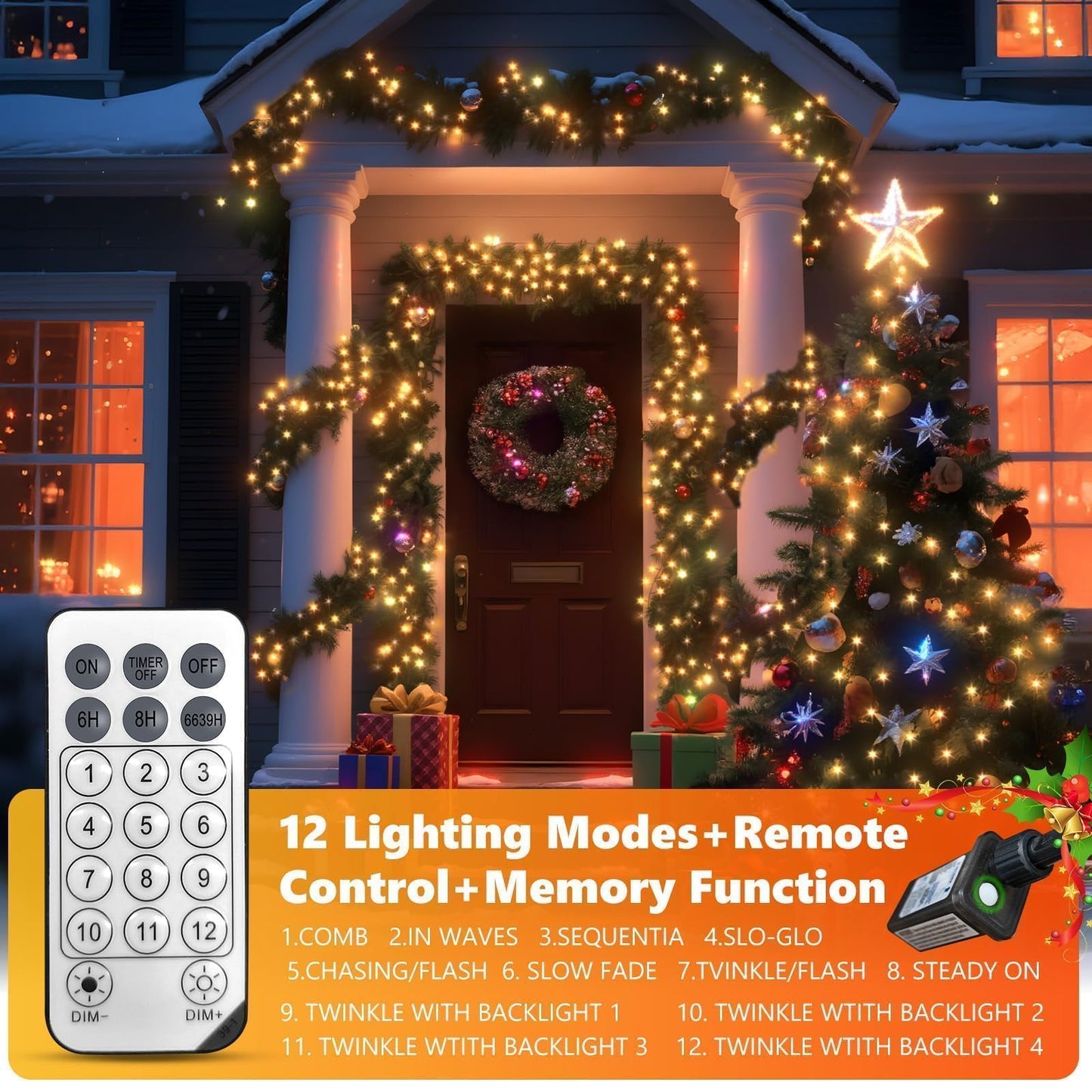 1200 LED 59FT Christmas Cluster Lights, Warm White Christmas Tree Lights Outdoor, Firecrackers String Light with 12 Modes Timer Remote, Waterproof Plug in Twinkle Fairy Light for Xmas Tree Garland