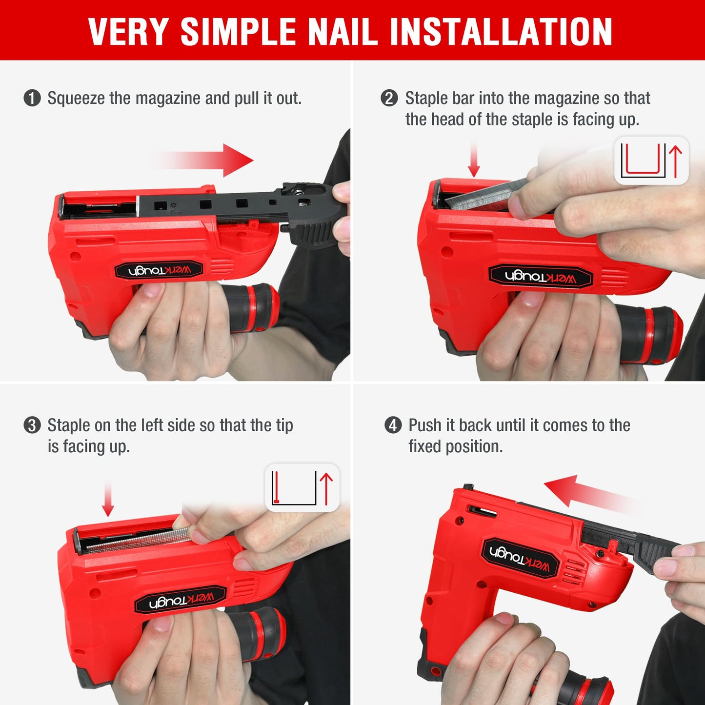 Werktough 4V Cordless Staple Gun Red Brad Nailer DIY 2 in 1 Electric Staple Gun USB Cable 2000pcs Staple T50 18GA