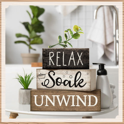 Moucuny 4 Pcs Bathroom Shelf Decor Sign Farmhouse Bathroom Decor and Accessories Rustic Eucalyptus Leaves Wood Block Sign Gift Relax Soak Unwind Farmhouse Table Centerpiece for Home Toilet