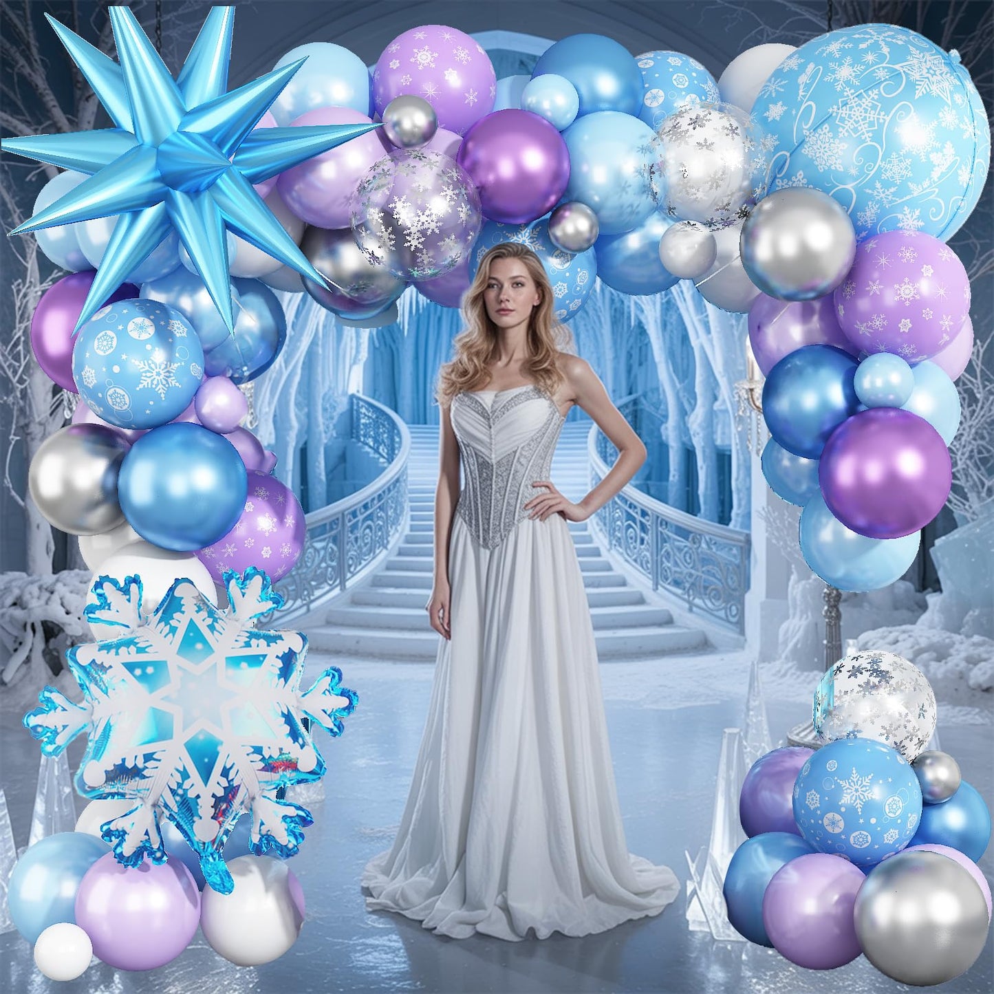 Winter Snow Birthday Party Decorations, 4D Snowflake Winter Wonderlan Balloon Garland Arch Kit Blue Purple Silver Balloons for Princess Baby Its Cold Outside Onderland Birthday Party Decoration