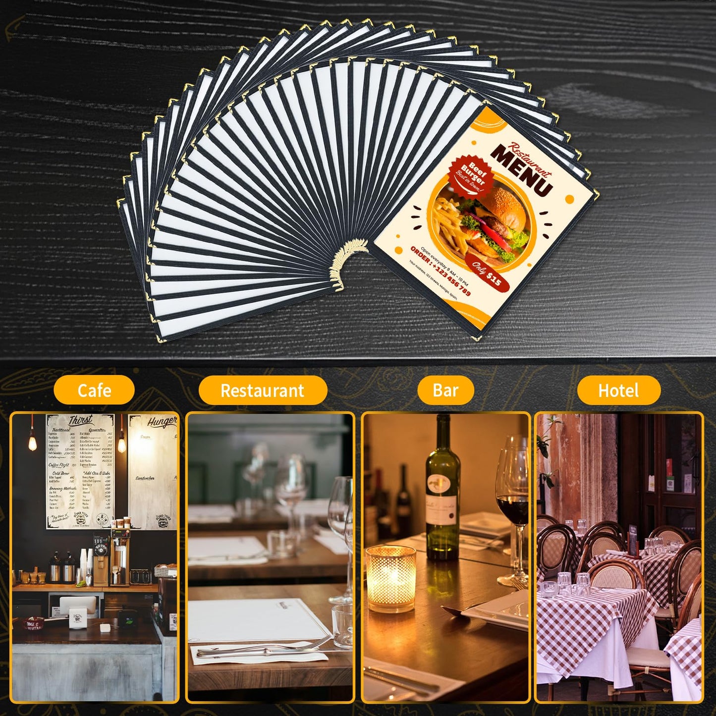 FLKQC Menu Covers 8.5 x 11 | Pack of 30 Restaurant Recipe Menu Covers Transparent Restaurant Menu Covers for Kitchen, Drink, Wine Menu Covers Black (8.5"x 11" (1 Page, 2 View))