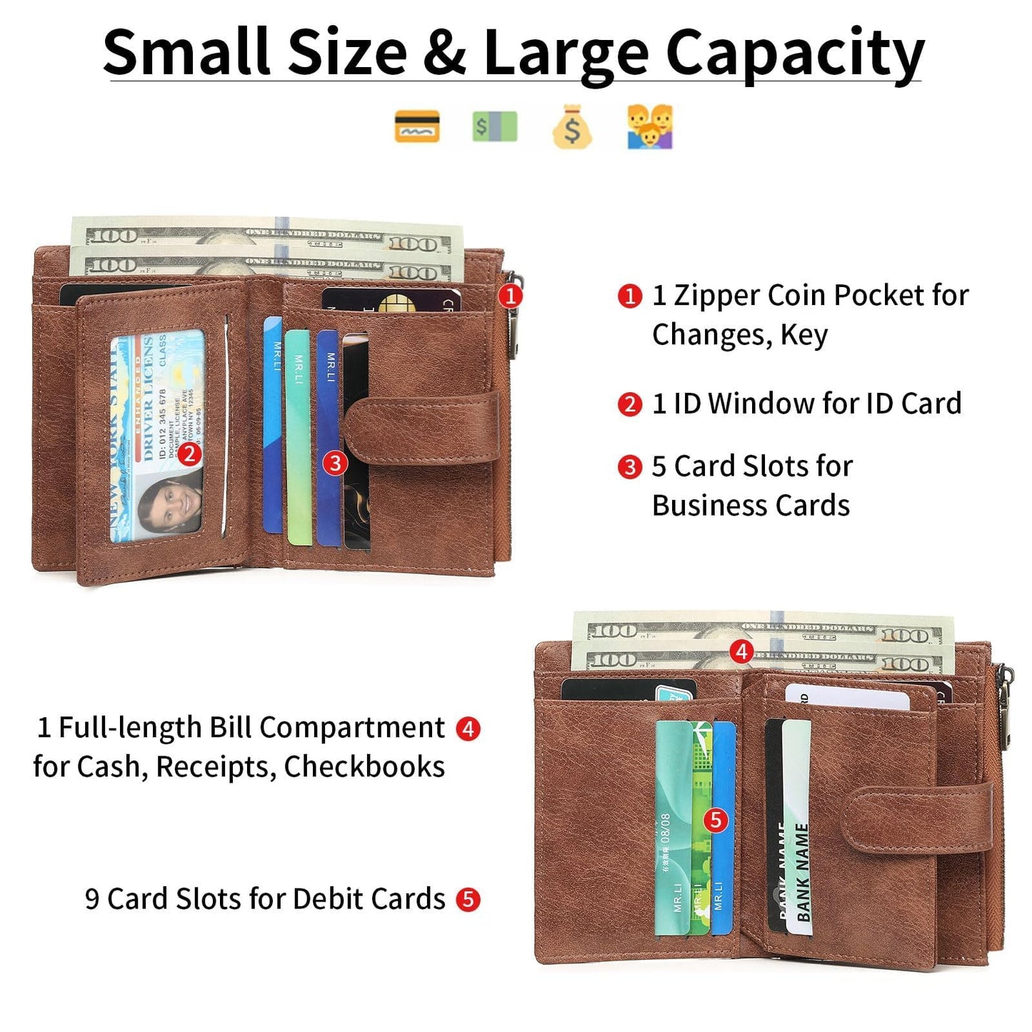 GAEKEAO Small Wallets for Women Vegan Leather RFID Blocking Bifold Zipper Pocket Wallet Card Case Purse with ID Window