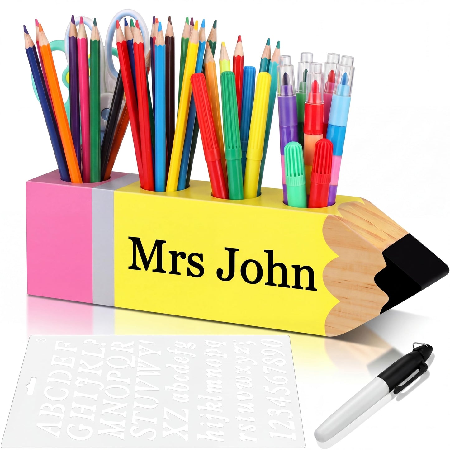 Sinmoe Teacher Appreciation Gift Name DIY Wooden Desk Pencil Shape Holder Teacher Name Desktop Pen Organizer for Back to School Graduation End of Year Thank You Gifts School Office Home Desk Sign