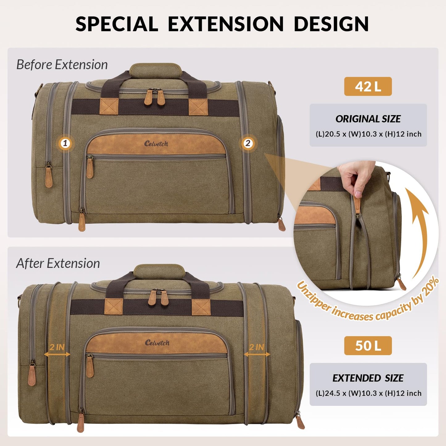 Celvetch Canvas Duffle Bag for Travel 50L Expandable Travel Duffel Bags for Men Women Weekender Overnight Bag with Shoes Compartment - Brown