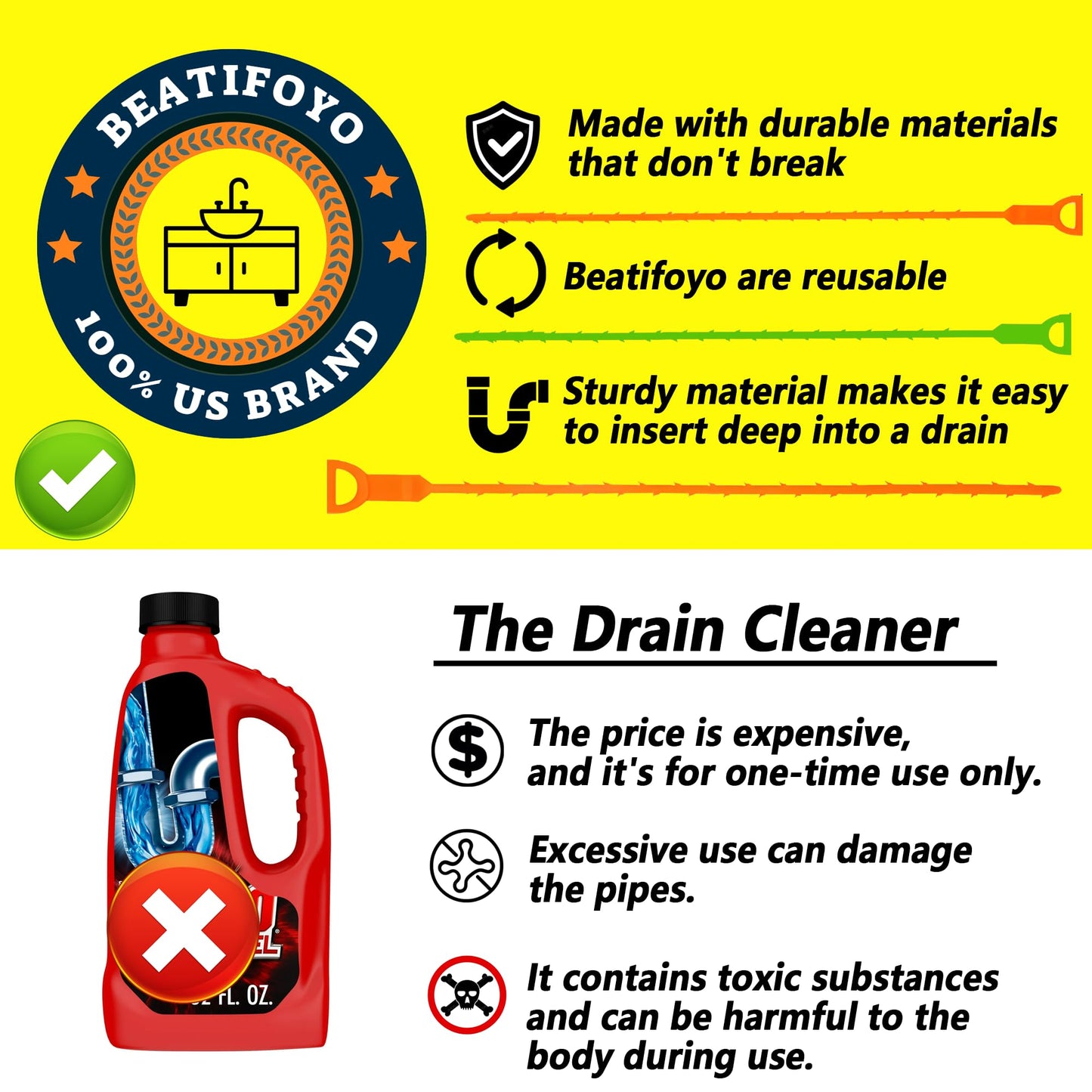 Beatifoyo Drain Snake, Drain Clog Remover,Hair snake Tool Opener, sink snake for Sewer Kitchen Sink Bathroom Tub Toilet Clogged Drains Relief Cleaning Tool(1pc 25 Inch +1pc 20inch)