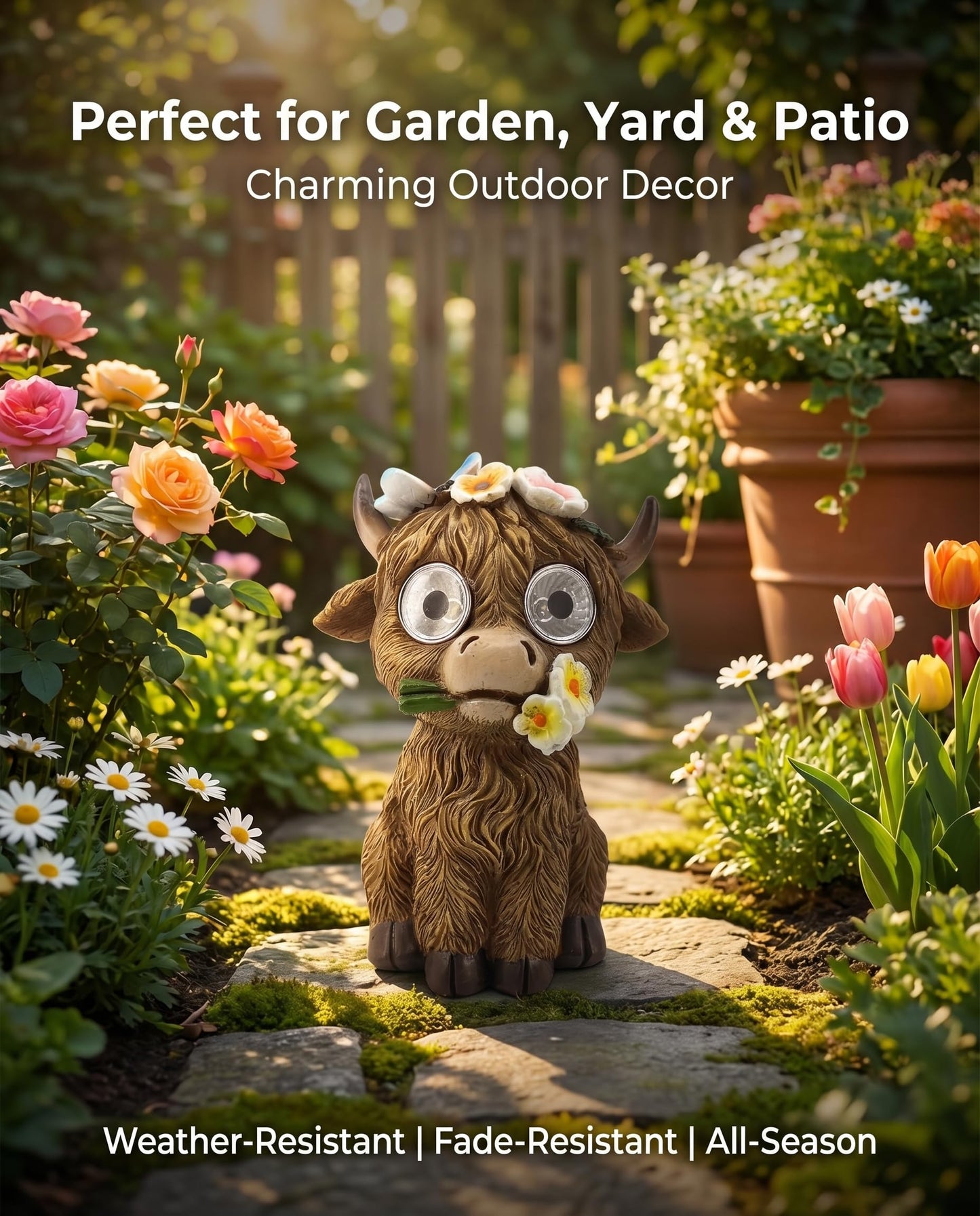 iStatue Solar Highland Cow Garden Statue with LED Light – Cute Resin Cow Figurine Outdoor Yard Decor, Waterproof Lawn Ornament, Gift for Women Mom Garden Lovers (1-Pack)