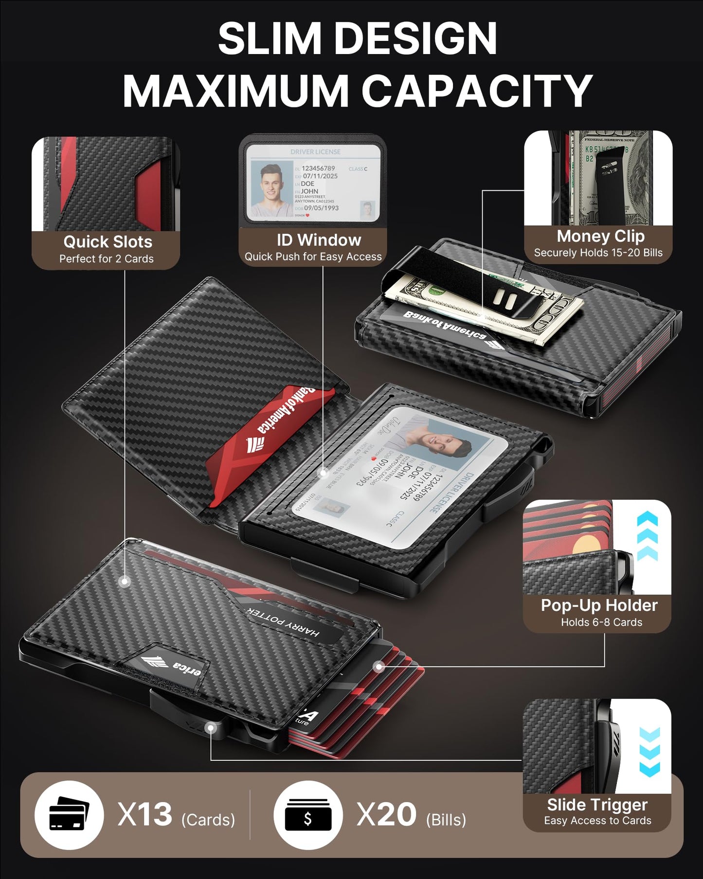 typecase Wallet for Men: Rfid-blocking with Money Clip Slim Leather Bifold Wallet ID Window Smart Pop Up Card Case Hold 9-13 Cards Front Pocket Wallet with Gift Box (Carbon Fiber Black)