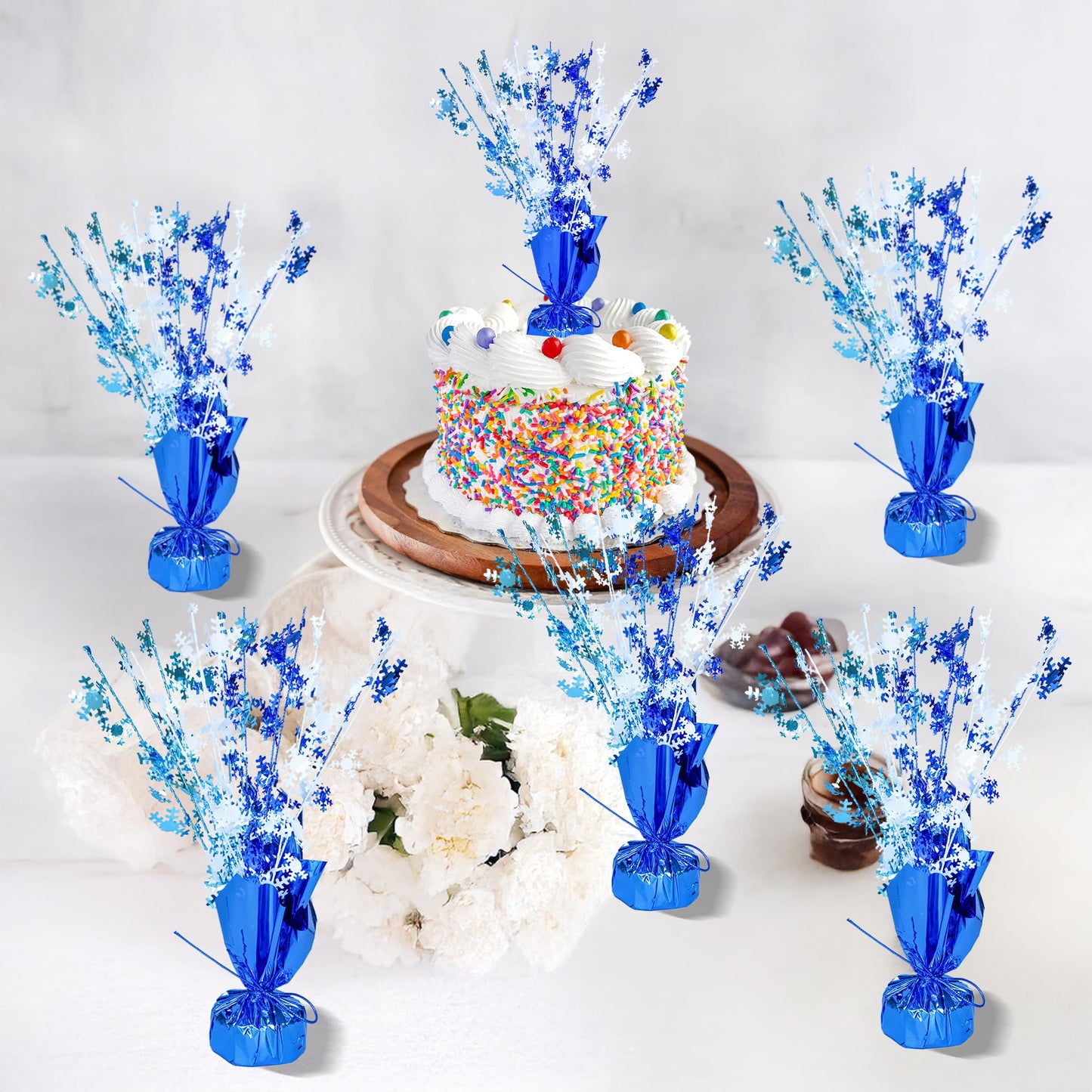 Gyufise 6 Pack Metallic Foil Spray Centerpiece Snowflake Table Decoration Burst Table Centerpieces Table Decor for Winter Wonderland Birthday Wedding Anniversary Holiday Party Supplies Blue
