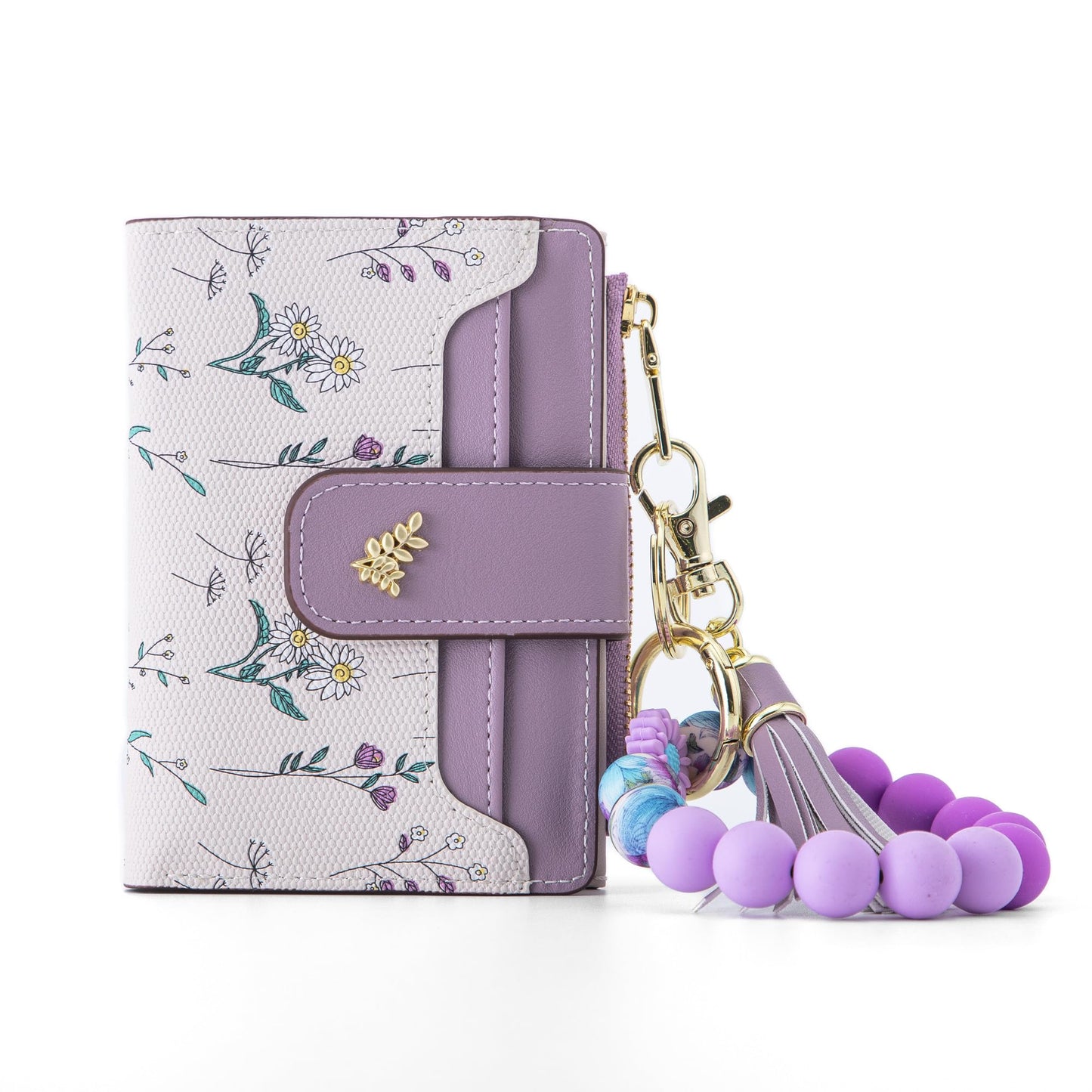 Tomolucky Direct Small Wallets for Women RFID Blocking Leather Bifold Zipper Pocket Keychain Wallet with Bracelet Flower Pattern ID Window Credit Card Holder Purse (Flower, Purple)