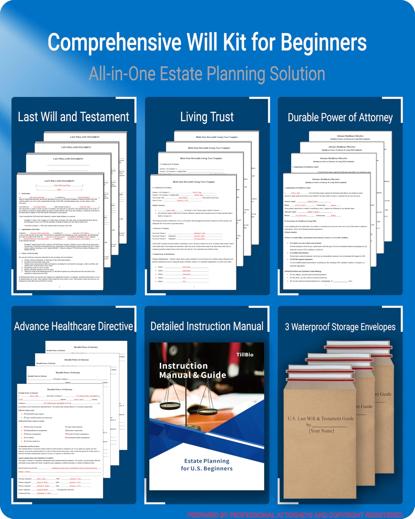 TillBio 2026 4-in-1 Estate Planning Kit – Includes Last Will, Living Trust & Power of Attorney Forms – Lawyer-Prepared Templates with Instructions – Valid in All 50 States（3pcs）