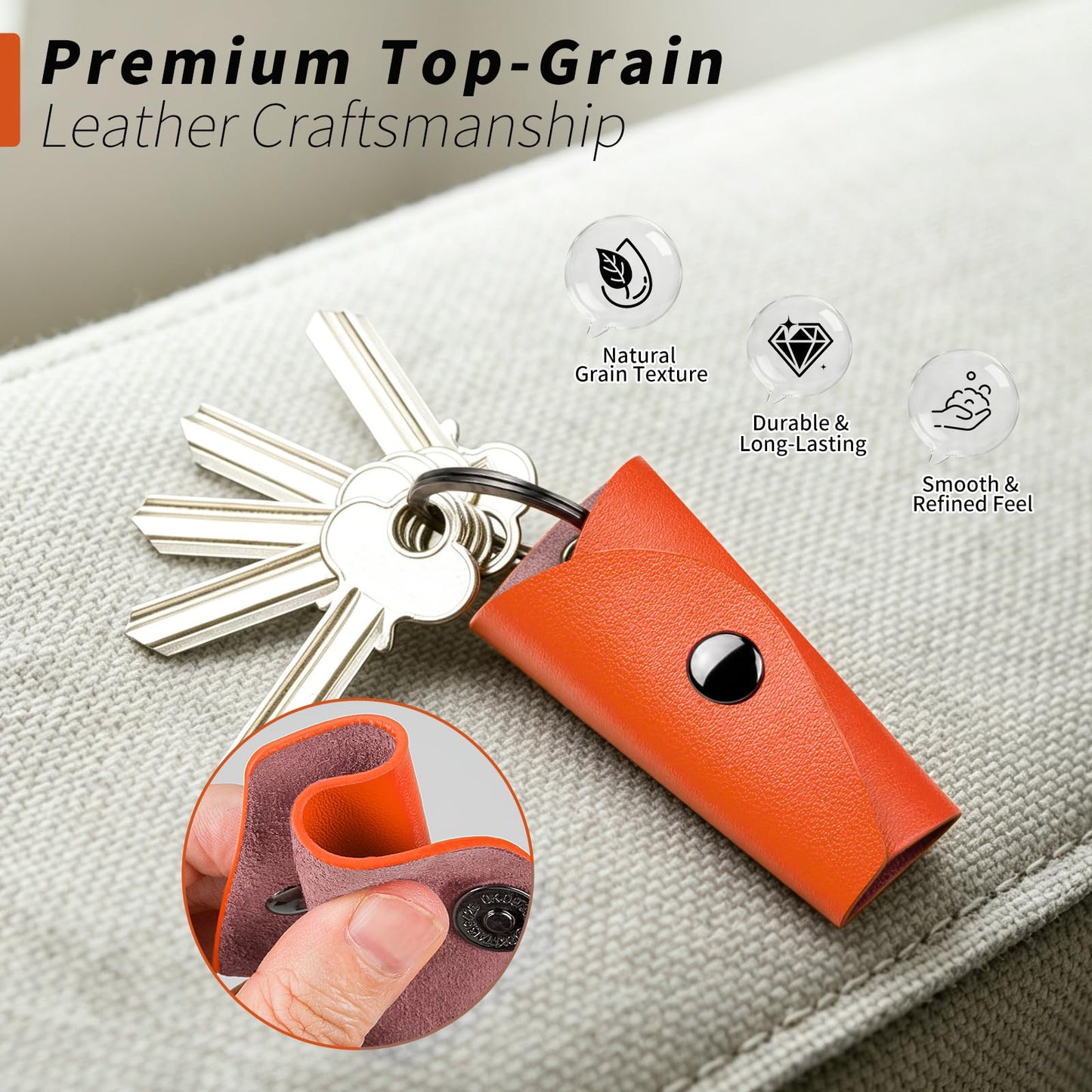 T-carbon Top Grain Leather Key Wrap for House Keys, Compact Key Holder Case Fits 2-5 Keys, Silent Rattle-Free Design,Portable Keychain