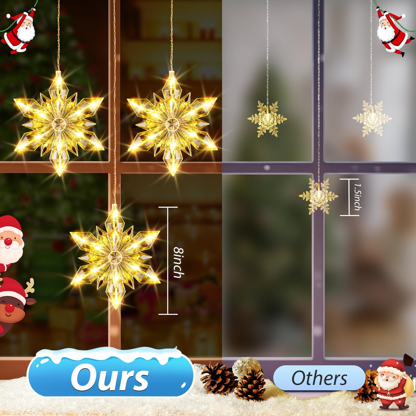 Christmas Snowflakes Window Lights, 5 Pack 60 LEDs Waterproof Hanging Battery Operated Christmas Decoration with Timer for Indoor Outdoor Xmas Home Winter Party Patio Bedroom Decor, Warm White