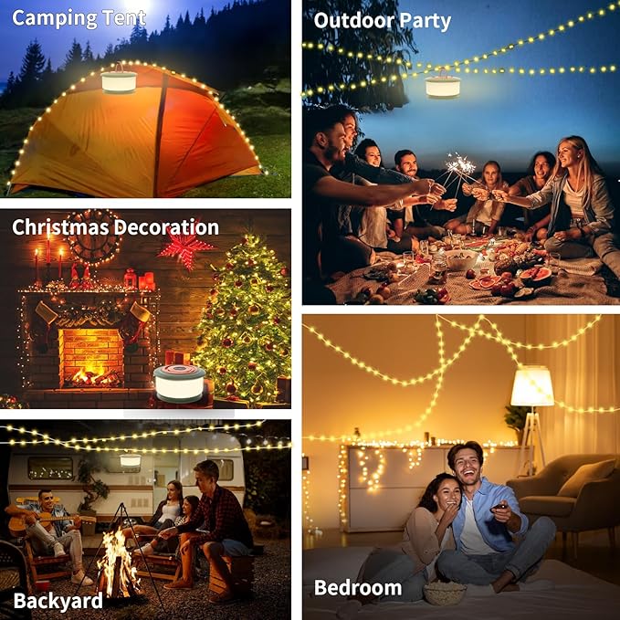 Camping String Lights, 3 in 1 Outdoor Camping Light with 6 Lighting Modes, Quick Storage 32.8FT Rechargeable Tent Lantern, Portable LED Hanging Light for Outdoor Patio Awning Garden Party