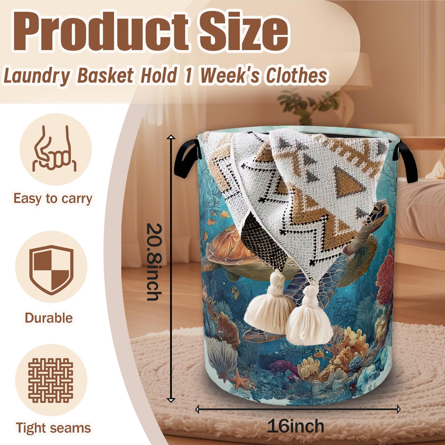 Sea Turtle Coral Ocean Laundry Hamper,Laundry Baskets,Waterproof Oxford Cloth Toy Storage for Bedroom,Bathroom,Nursery,16x20.8 Inch