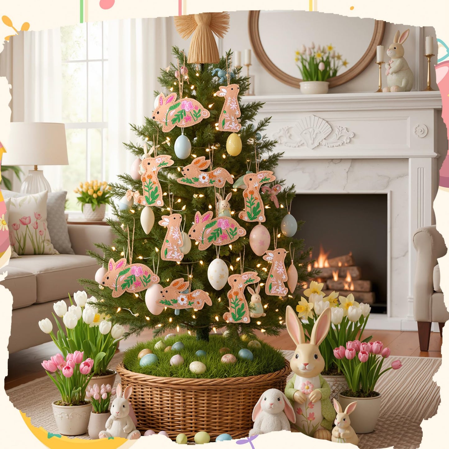 HunnmingRe 12 Pcs Easter Bunny Ornaments Felt Embroidery Easter Hanging Tree Ornaments Handcrafted Bunny Rabbit Spring Tree Decorations for Spring Party Door Home Wall Mantel Decor Arts Crafts Gifts