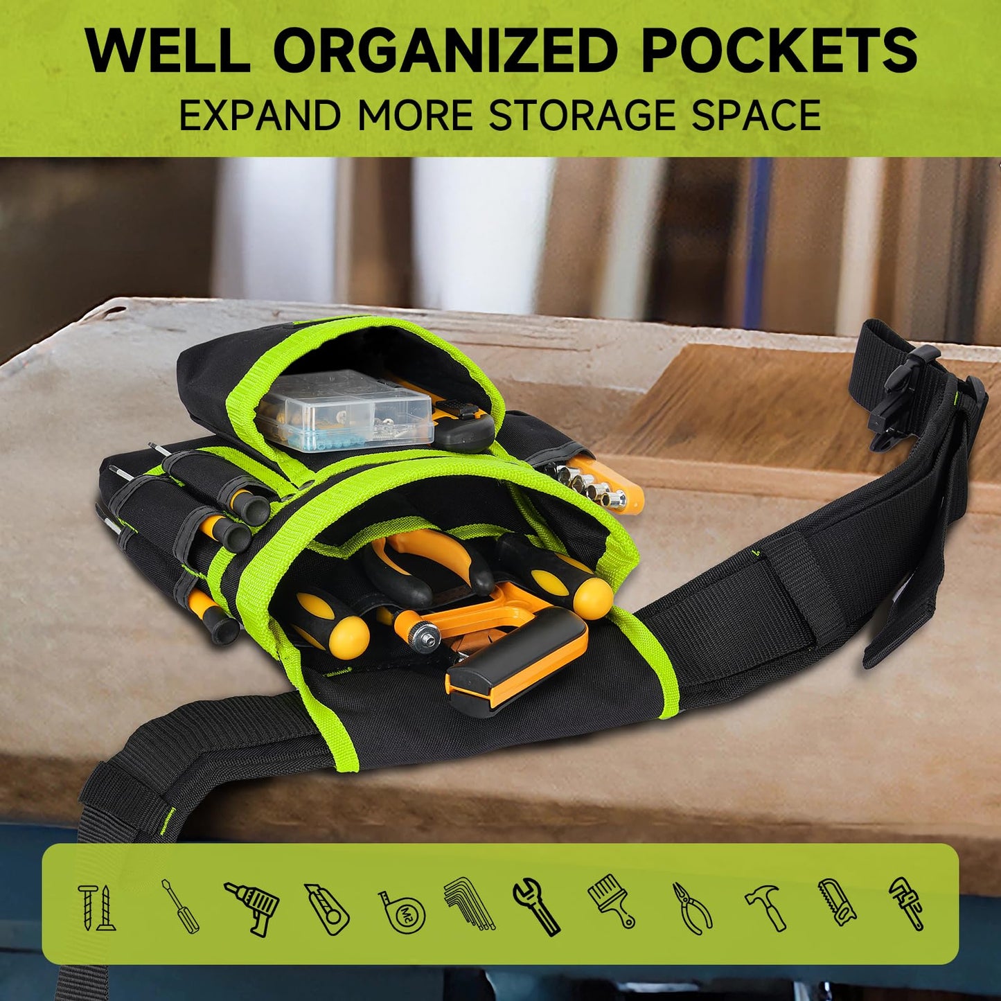 Tool Belt,Magnetic Tool Pouch,27-Pockets Heavy Duty Tool Belts for Men,Detachable Tool Pouch Bag for Electrician,Carpenter,Construction,Work Apron,Utility Belt,Valentines Day Gifts for Men,Black,Green