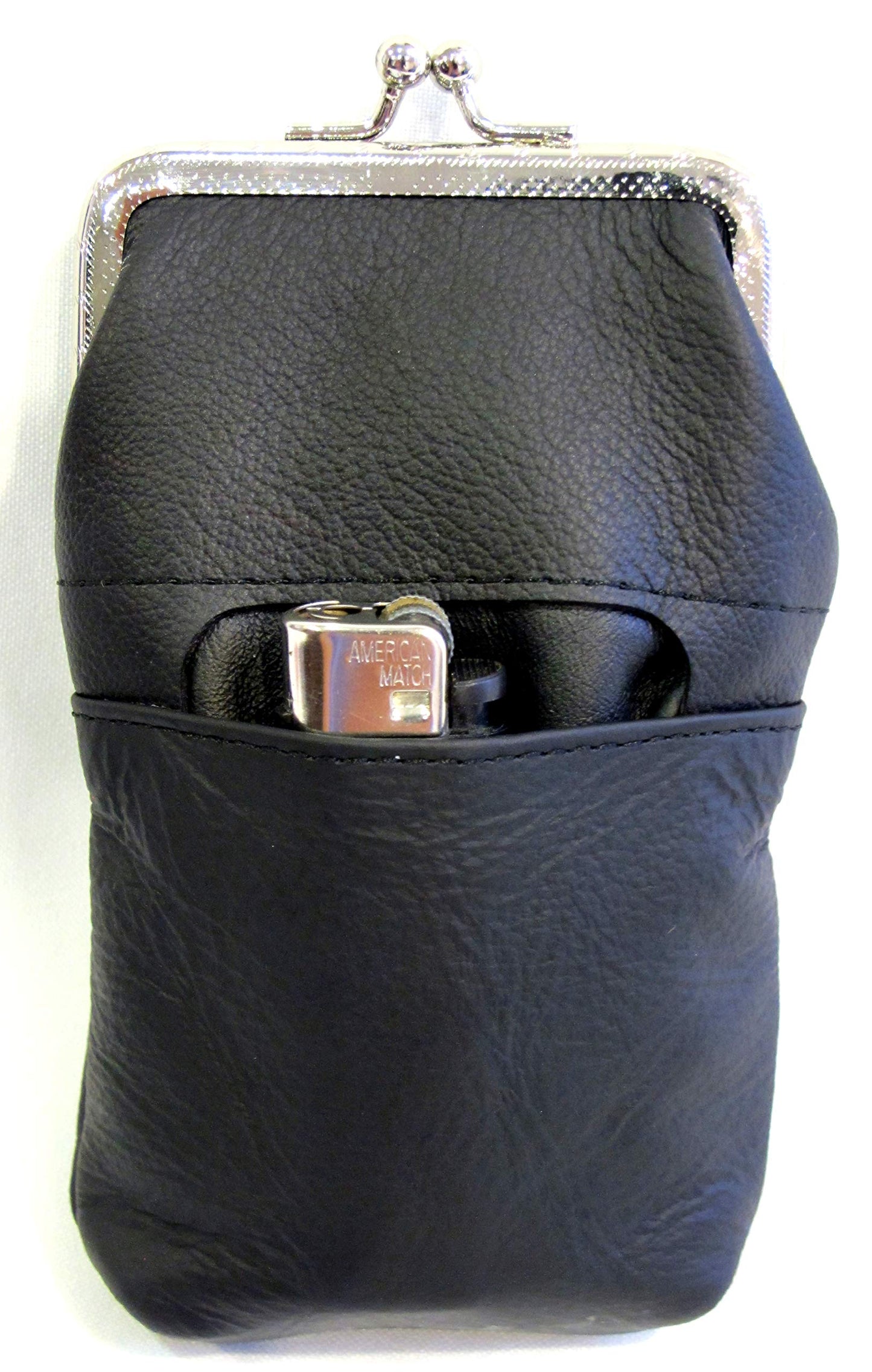 Women 100% Pure Leather Cigarette Case Lighter Match Pocket Zipper Coin Pouch -4 Color (Black)