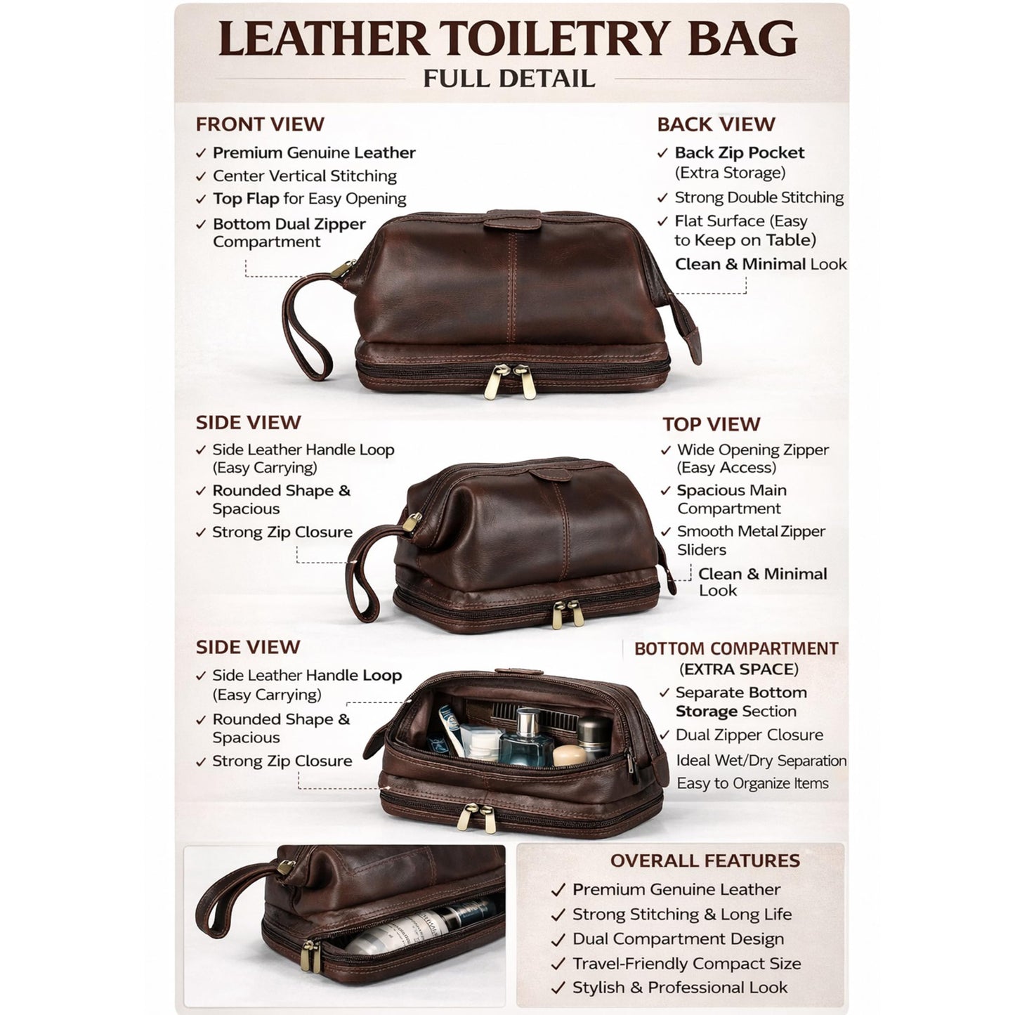cuero Premium Genuine Leather Toiletry Bag for Men – Large Double Layer Travel Dopp Kit with Zipper Compartments,Lining & Handle – 9.5” Travel Shaving Organizer