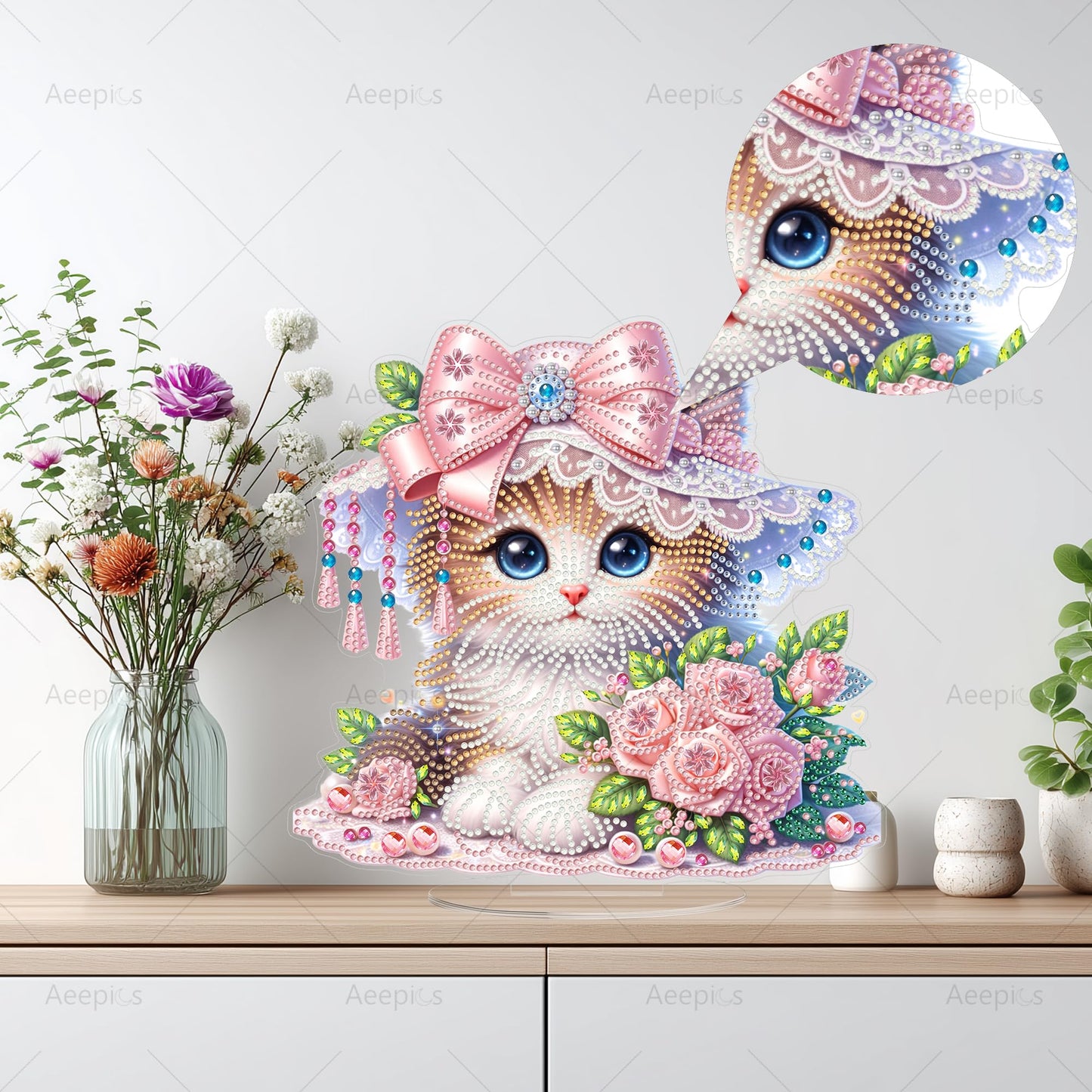 Aeepics DIY Diamond Art Tabletop Kit for Adults, Acrylic Desktop Diamonds Painting Kit Ornament, Stand Up Diamond Art Painting Board Kit (Cat)